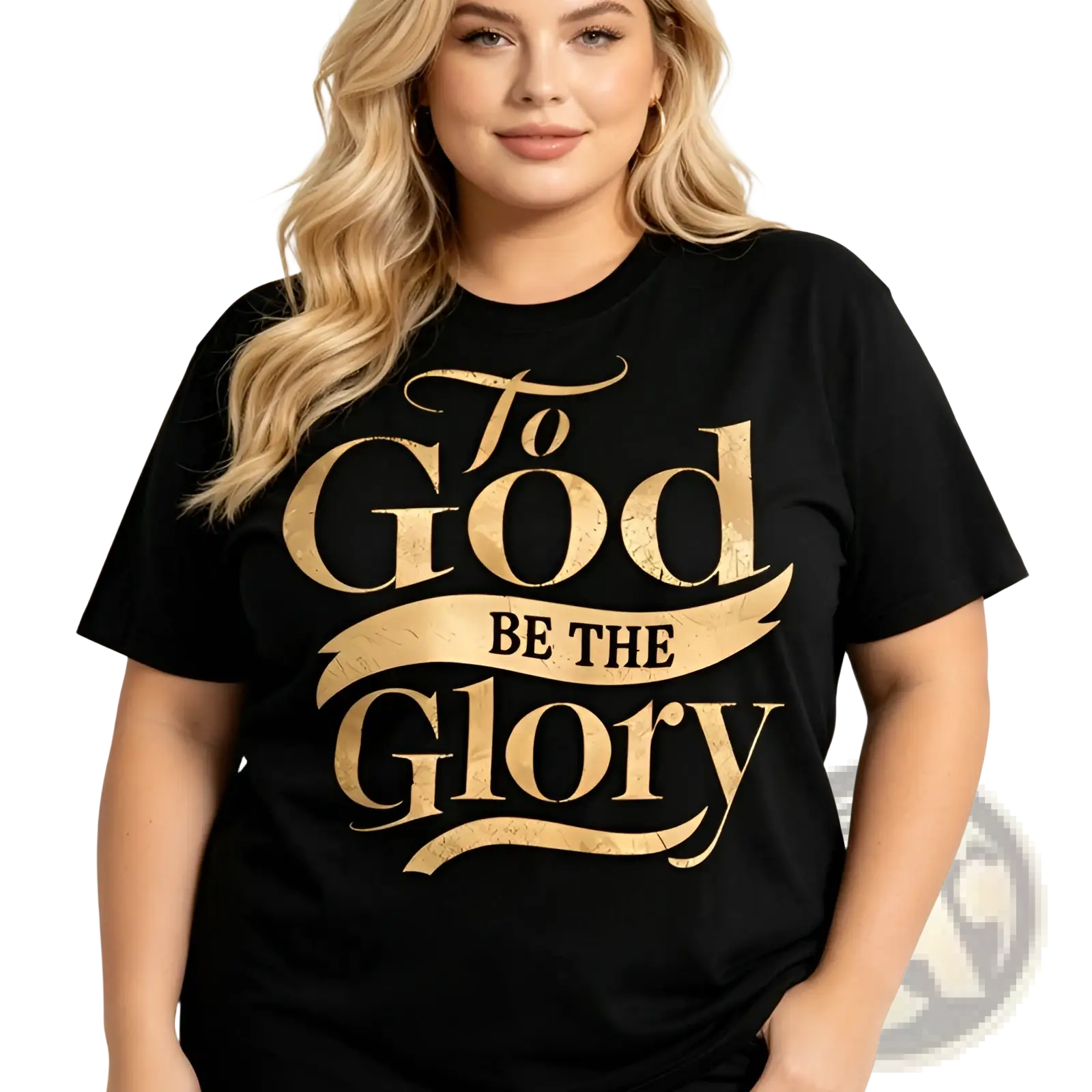 Black short-sleeved cotton t-shirt with gold foil to god be the glory lettering in decorative script font