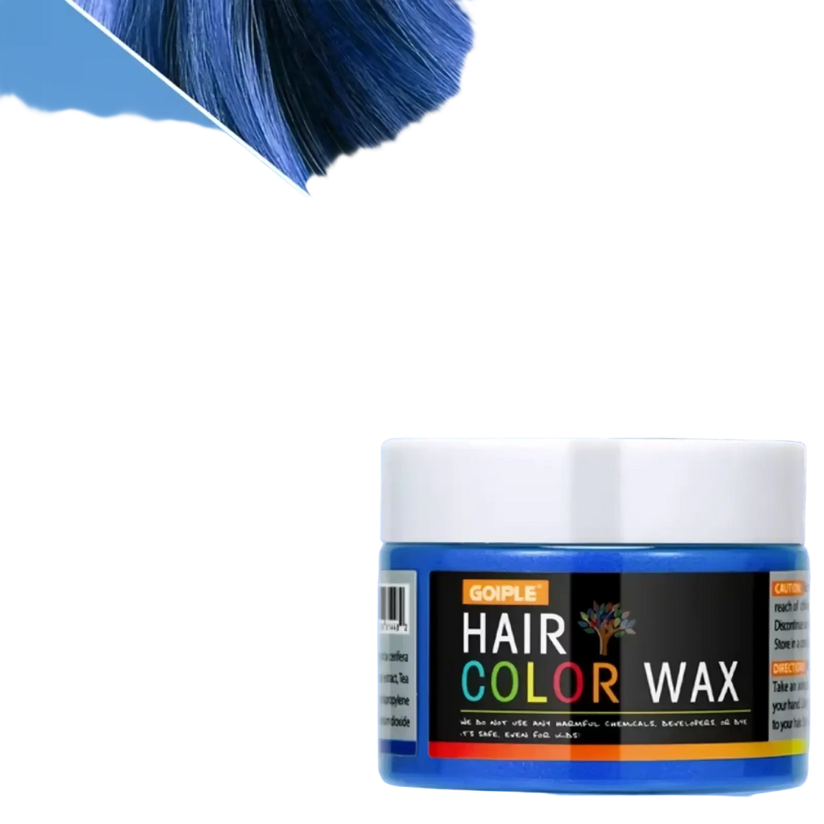Blue goiple temporary hair color wax in a white-lidded jar with colorful label for vibrant magenta styling
