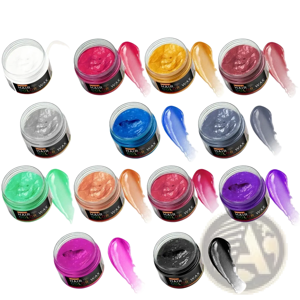 Thirteen vibrant glossy temporary hair color waxes in clear jars with black labels including Goiple Magenta 40g