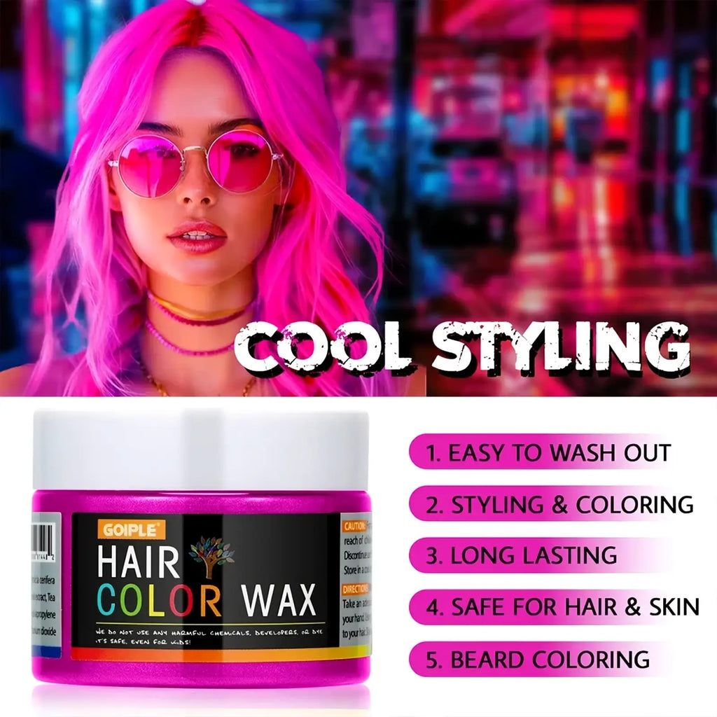 A vibrant pink goiple magenta temporary hair color wax jar with a white lid and black label for easy styling