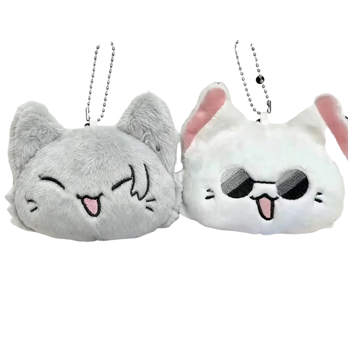 Gray plush cat-shaped keychain with embroidered facial features and silver ball chain from gojo and geto anime collection