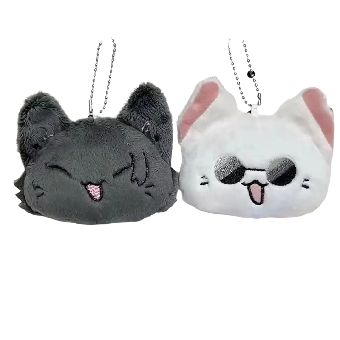 Gray and white plush cat keychains with embroidered faces and pink accents from gojo and geto cat plush anime keychain