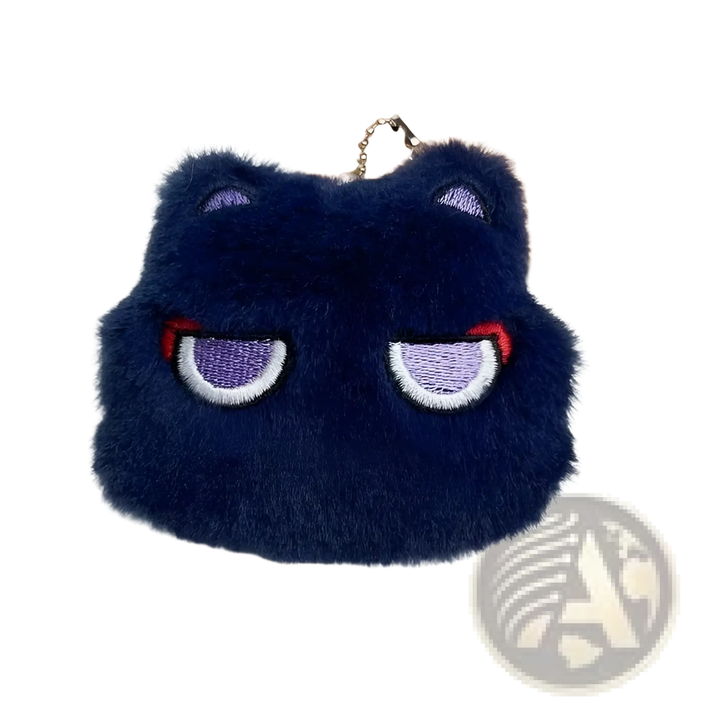 Navy blue fluffy cat-shaped coin purse with embroidered purple eyes and metal chain for Gojo and Geto plush keychain