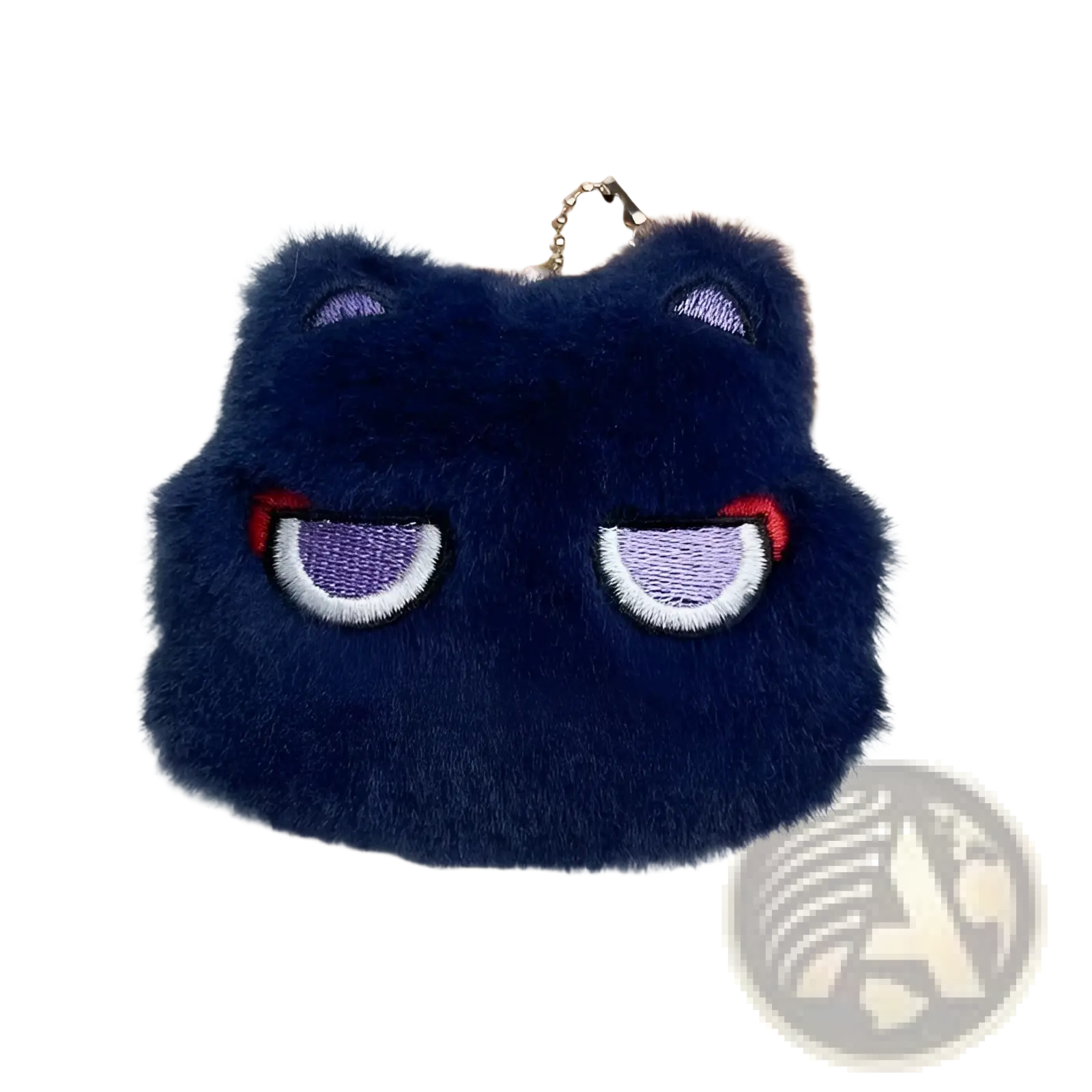 Navy blue fluffy cat-shaped coin purse with embroidered purple eyes and metal chain for Gojo and Geto plush keychain