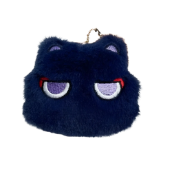 Navy blue fluffy cat-shaped coin purse with embroidered purple eyes and metal chain for Gojo and Geto plush keychain