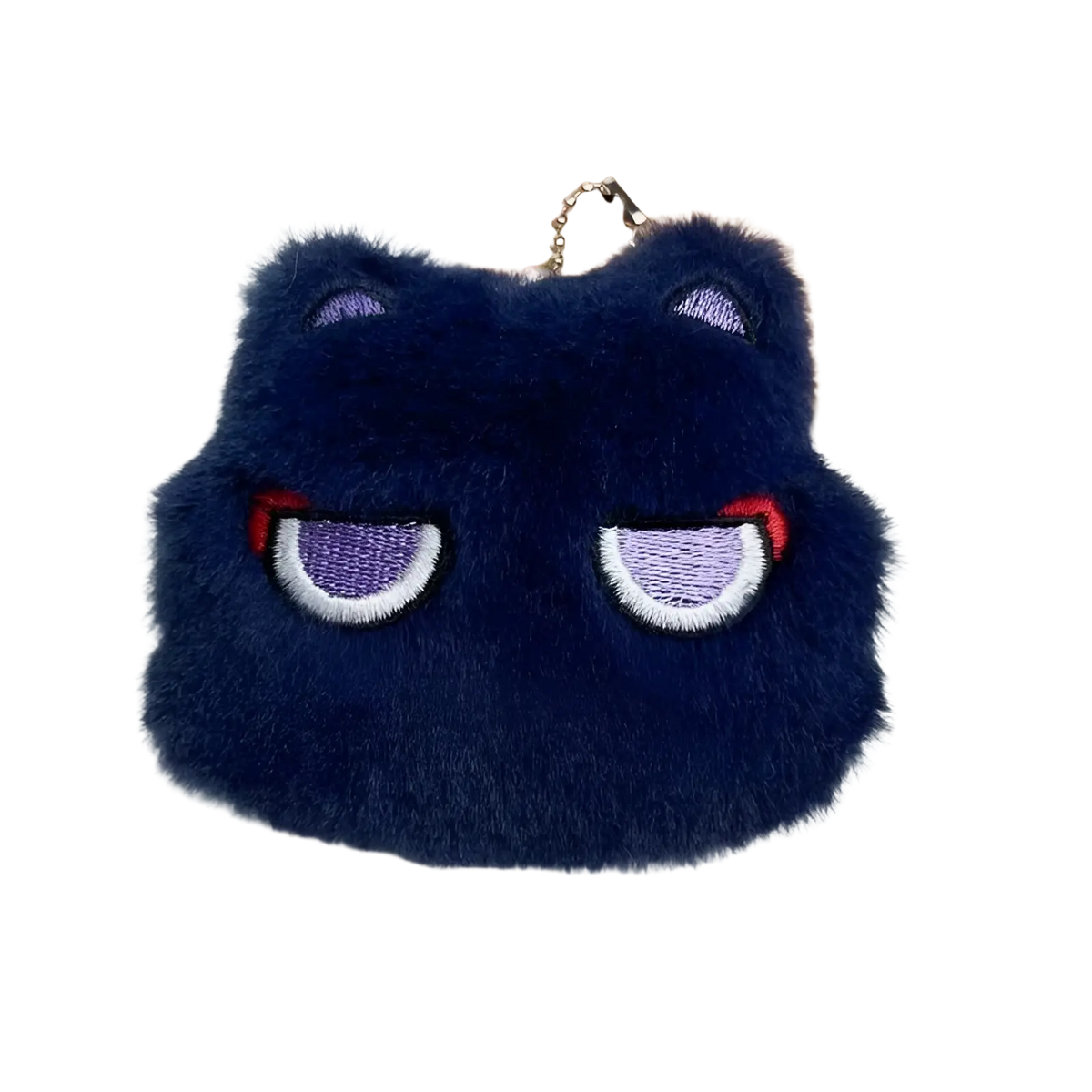 Navy blue fluffy cat-shaped coin purse with embroidered purple eyes and metal chain for Gojo and Geto plush keychain