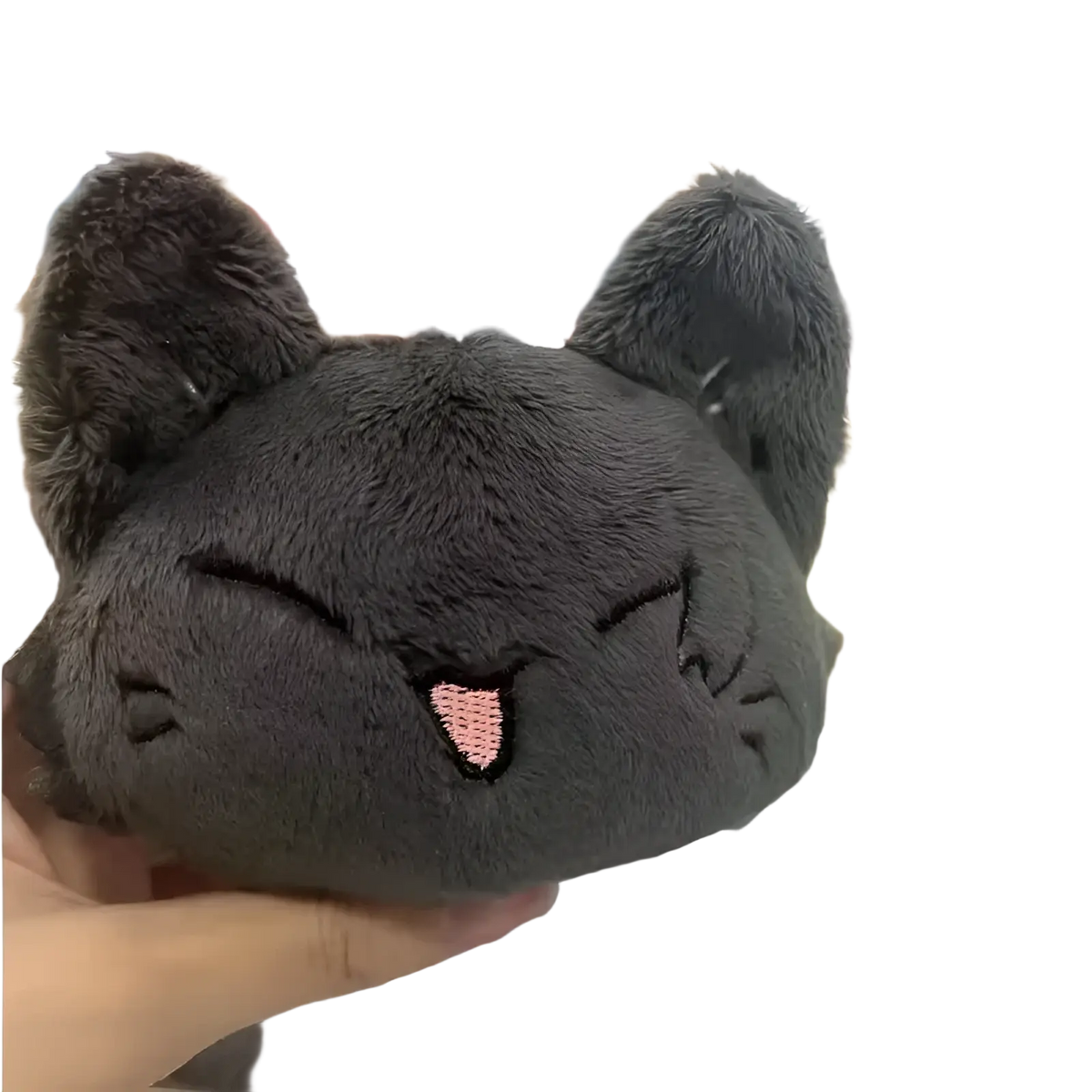 Gojo and Geto cat plush anime keychain featuring a soft dark gray plush cat with embroidered pink ears and stitched smile