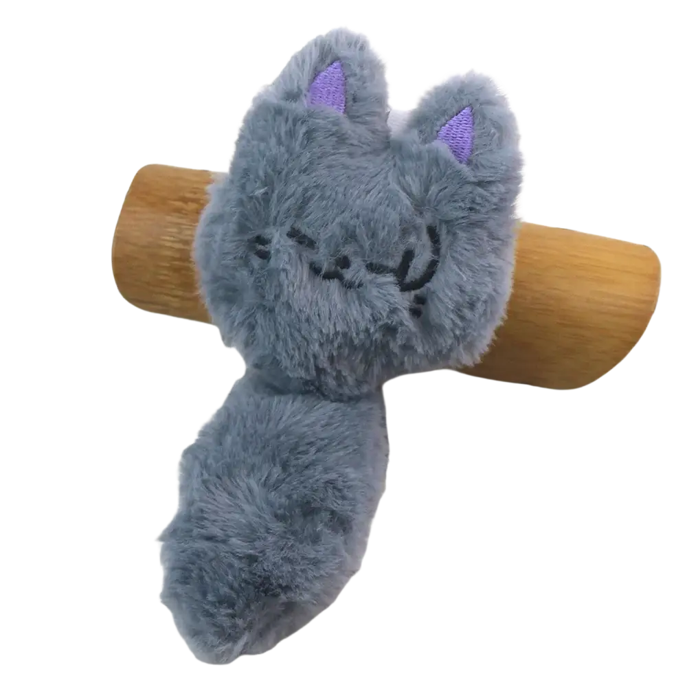 Gojo and Geto cat plush anime keychain featuring a soft gray plush hair clip with purple embroidered ears and stitched smile