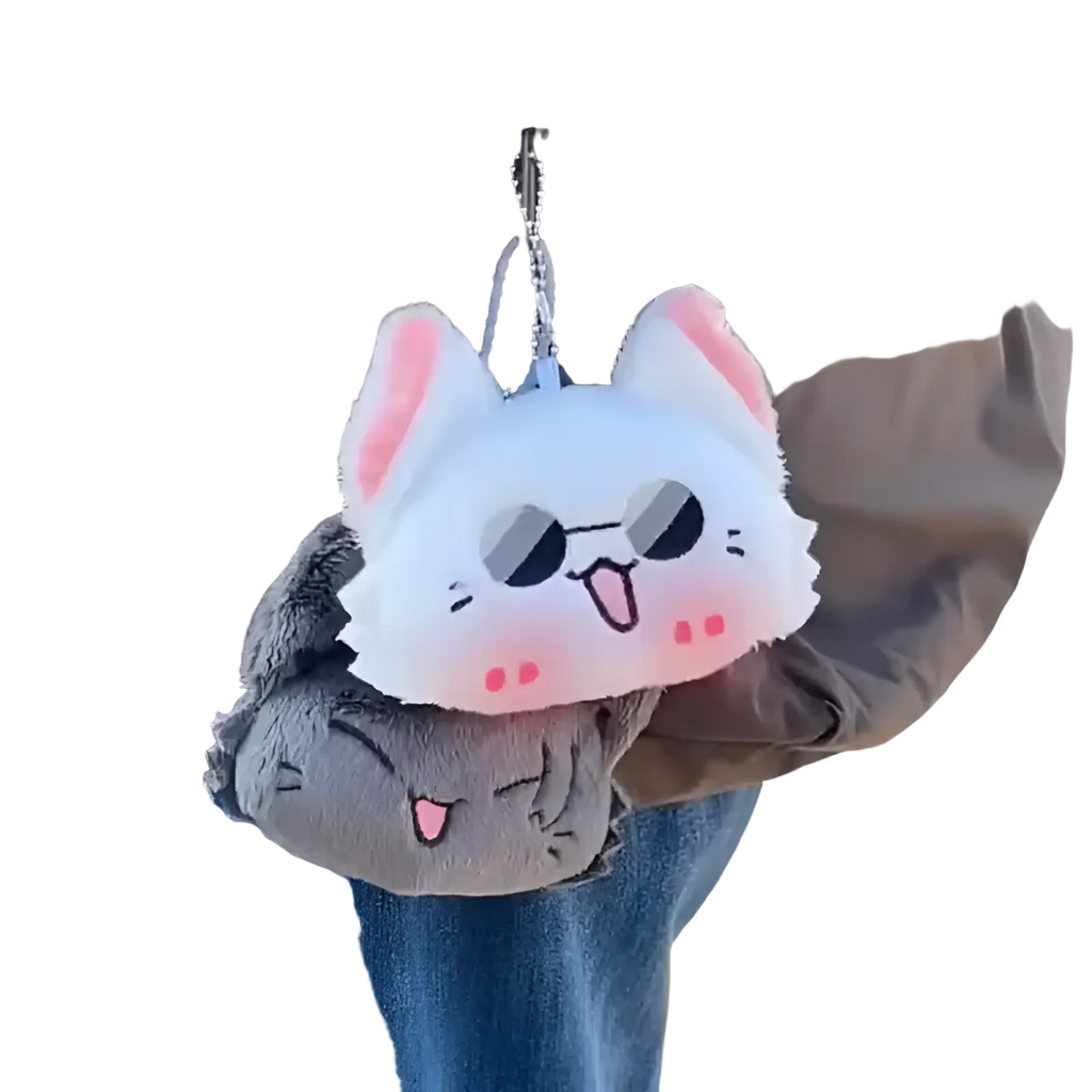 Gojo and Geto cat plush anime keychain is a white plush keychain with pink ears and cheeks wearing black sunglasses