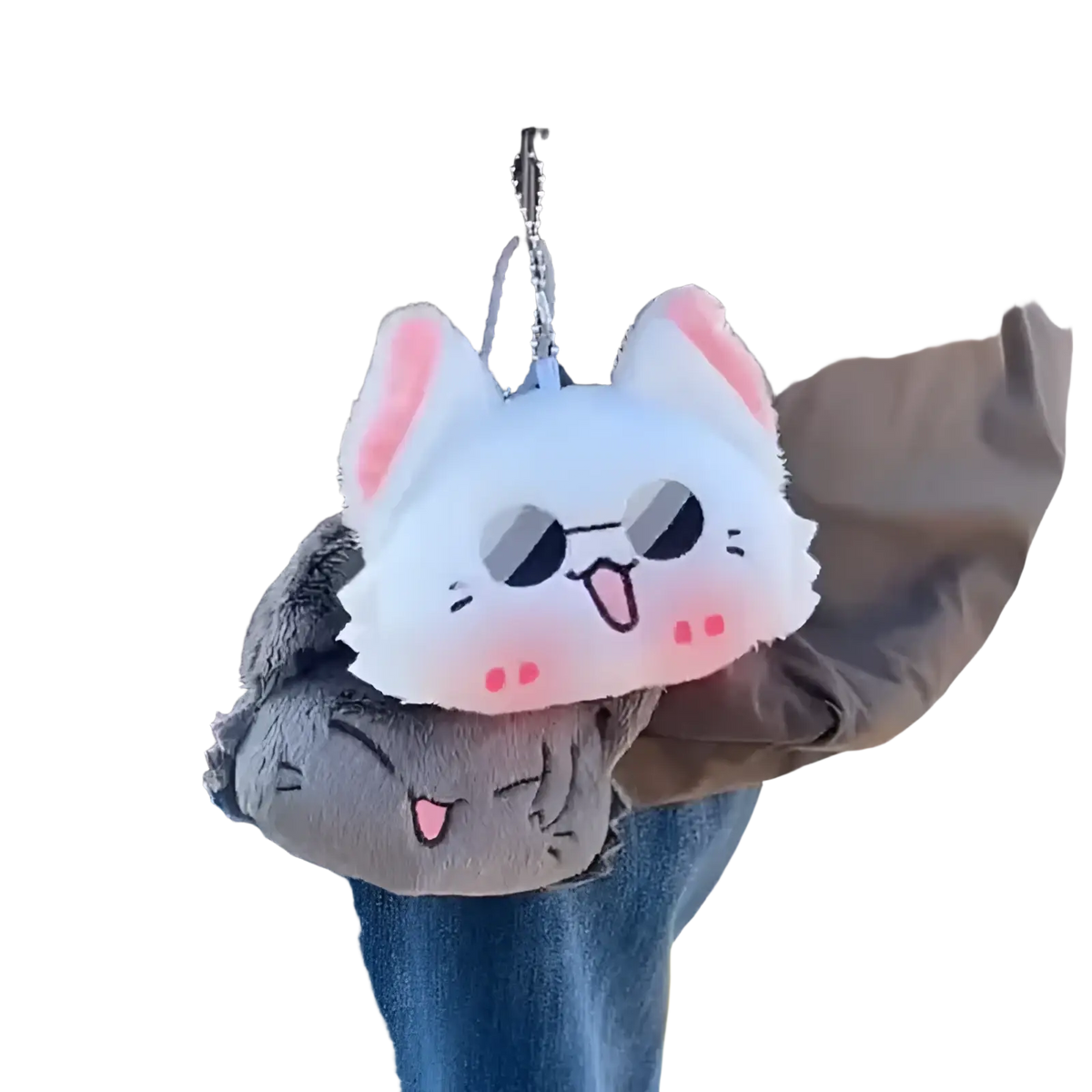 Gojo and Geto cat plush anime keychain is a white plush keychain with pink ears and cheeks wearing black sunglasses