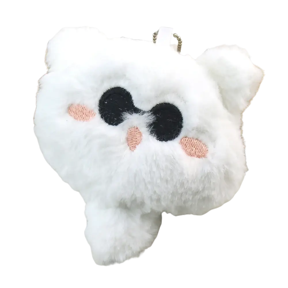 White fluffy plush Gojo and Geto cat anime keychain with black embroidered eyes and pink stitched cheeks