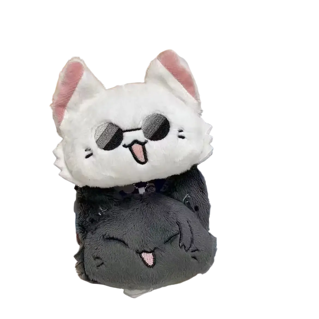 Gojo and Geto cat plush anime keychain featuring white and gray soft material with pink ears, black sunglasses, and stitched tongue