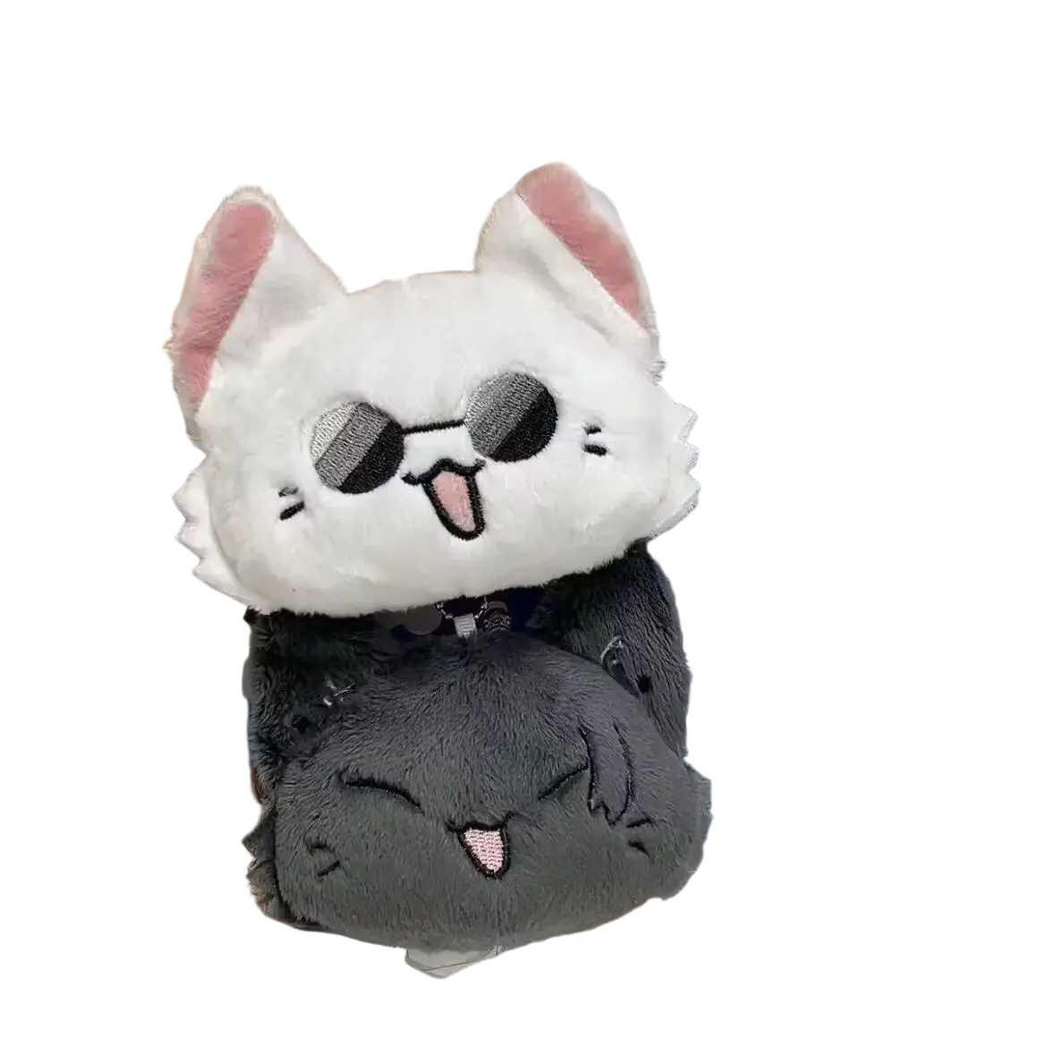 Gojo and Geto cat plush anime keychain featuring white and gray soft material with pink ears, black sunglasses, and stitched tongue