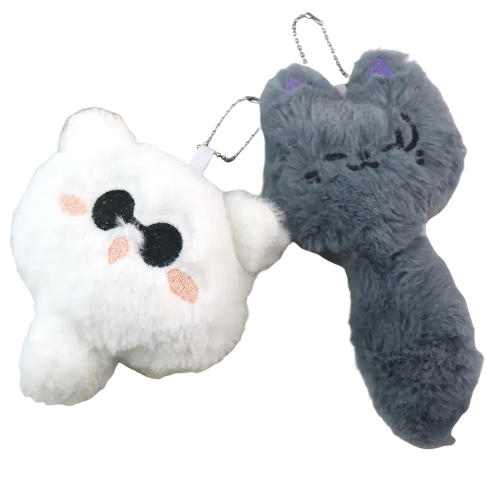 Gojo and geto cat plush anime keychain featuring white and gray embroidered plush cats with metal ball chains