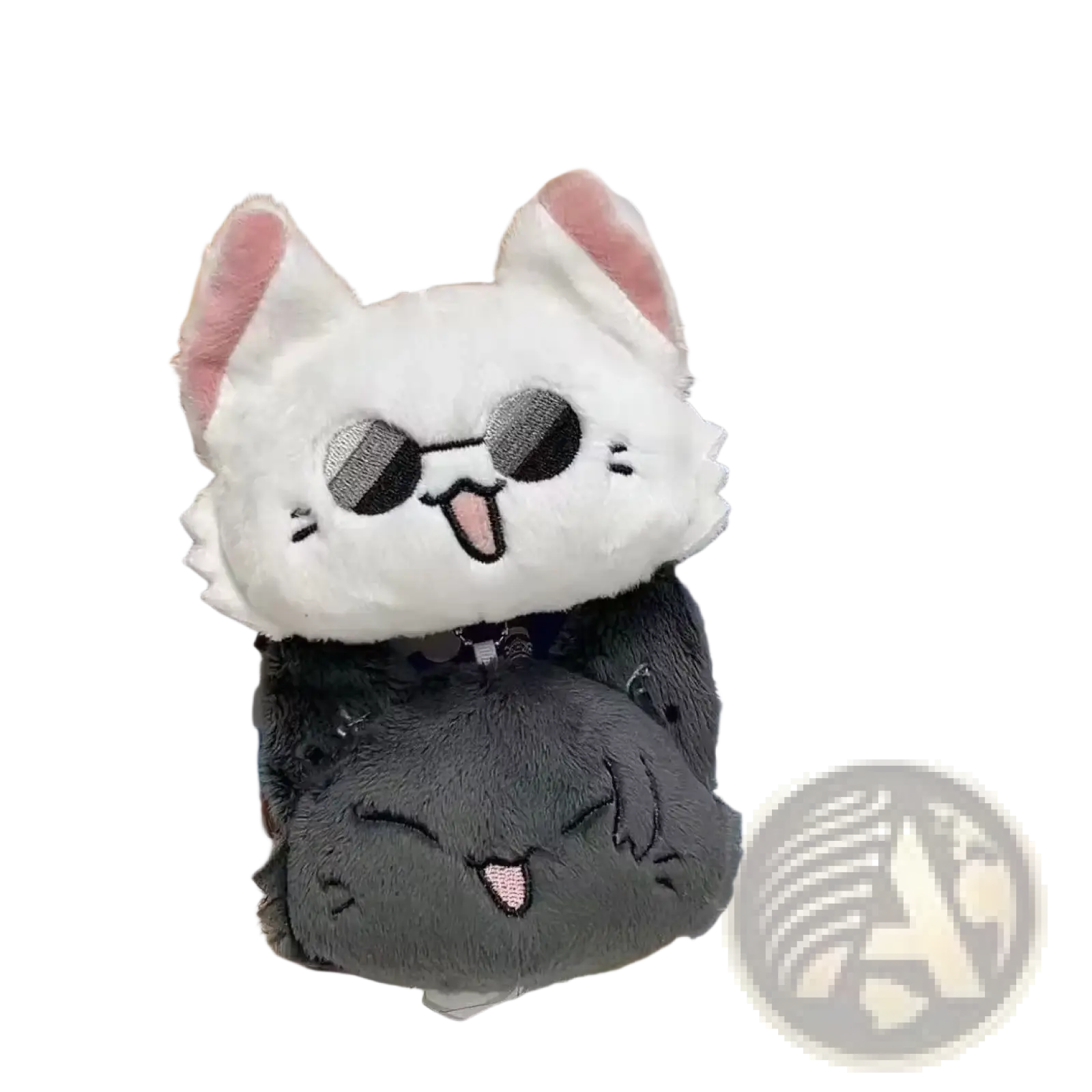 Gojo and Geto cat plush anime keychain featuring white and gray soft material with pink ears, black sunglasses, and stitched tongue
