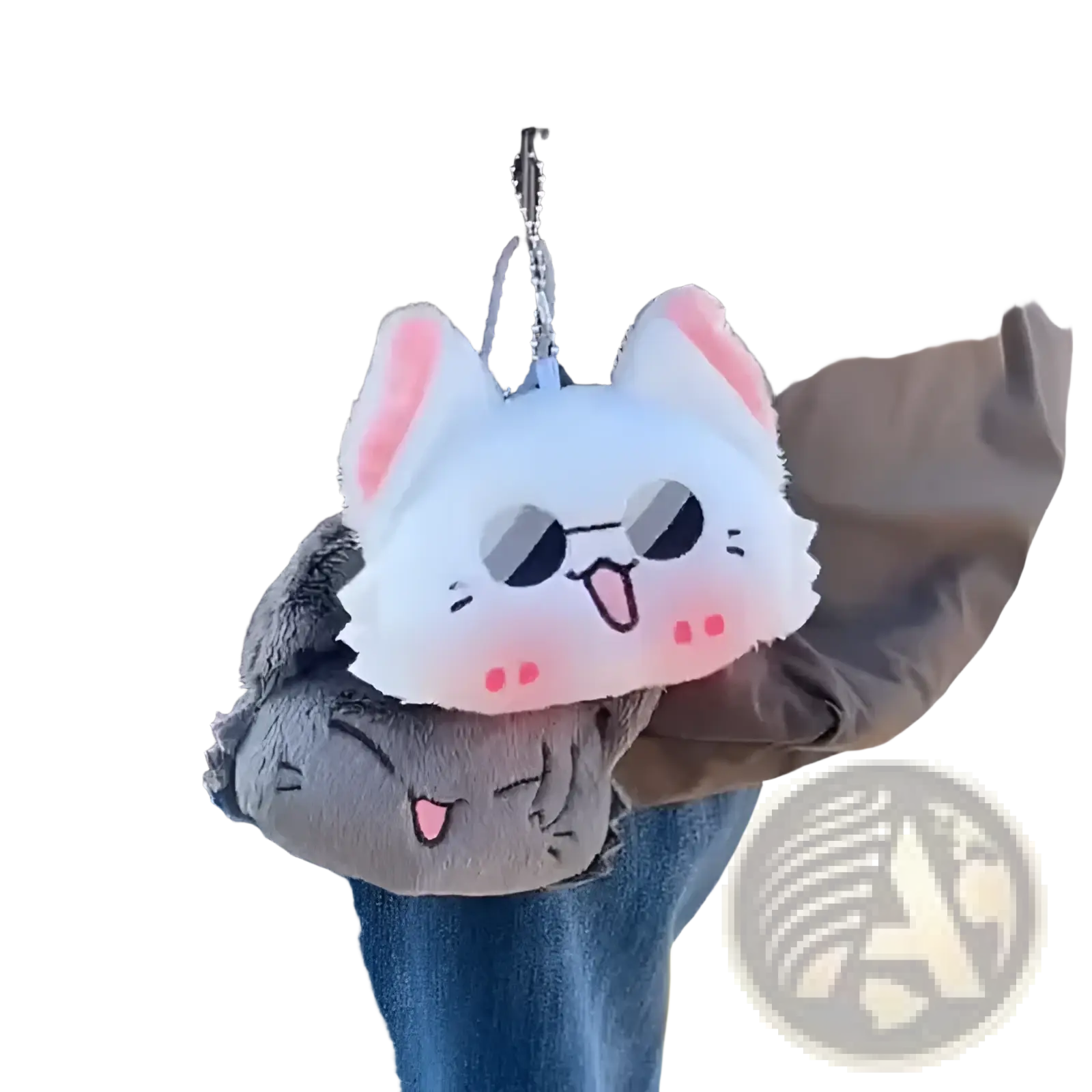Gojo and Geto cat plush anime keychain is a white plush keychain with pink ears and cheeks wearing black sunglasses