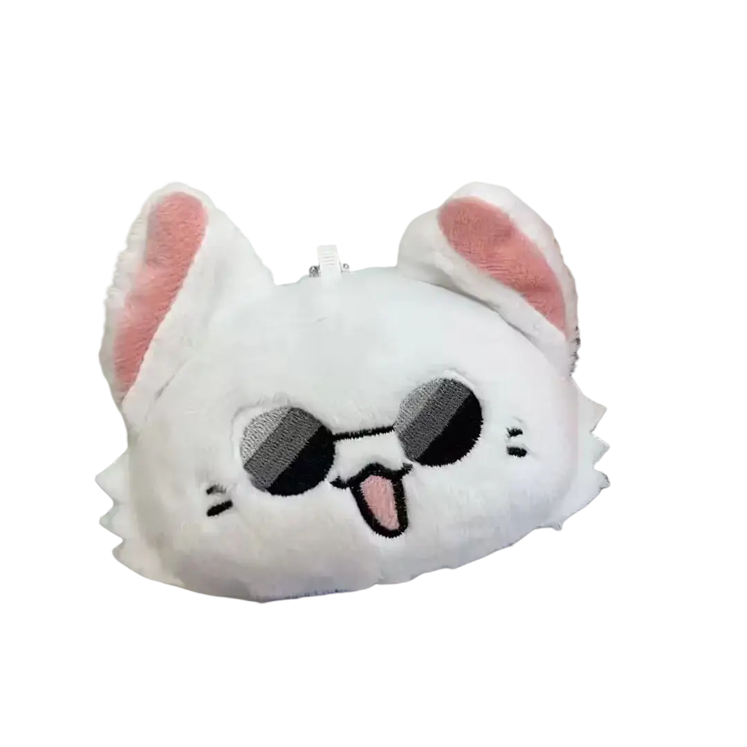 White plush cat-shaped wallet with pink inner ears wearing black and gray sunglasses and sticking out tongue keychain