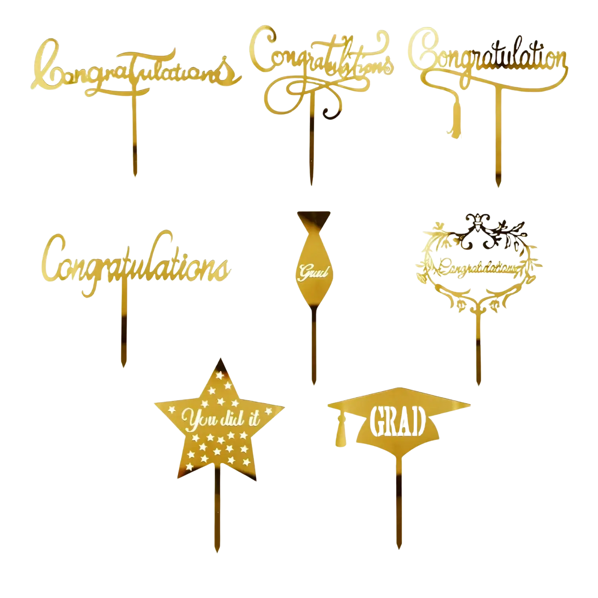 Gold acrylic graduation cake toppers featuring elegant cursive congratulations stars grad cap and celebratory designs