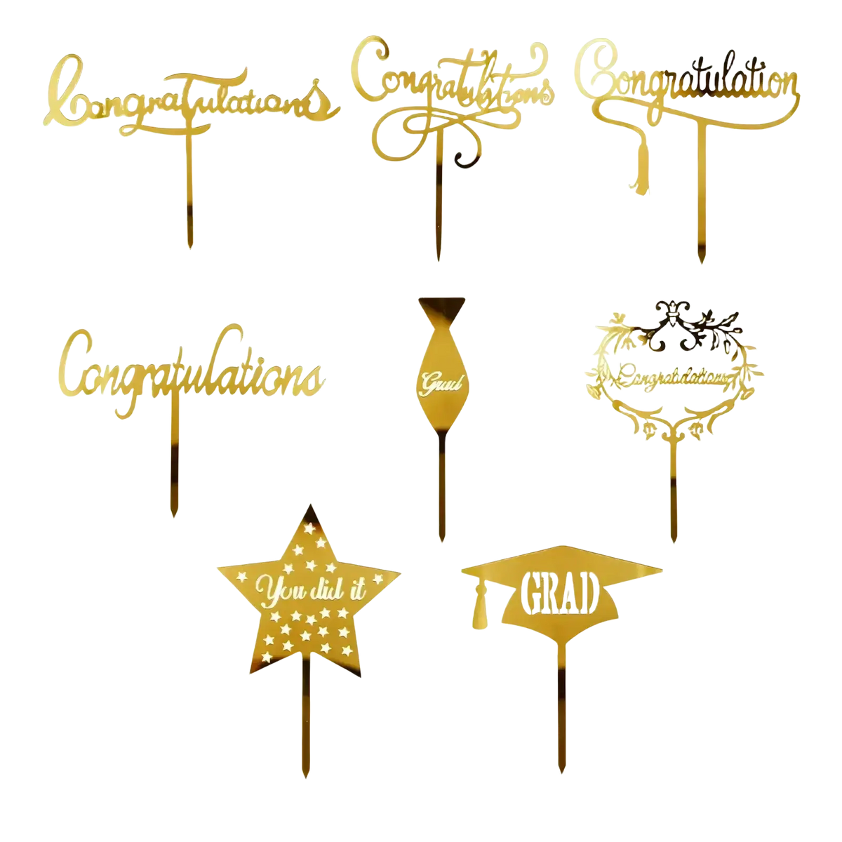Gold acrylic graduation cake topper featuring celebratory designs like congratulations, graduation cap, and stars for graduation cake