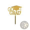 Gold acrylic graduation cake topper featuring a gold-colored graduation cap and go grad lettering for celebrations