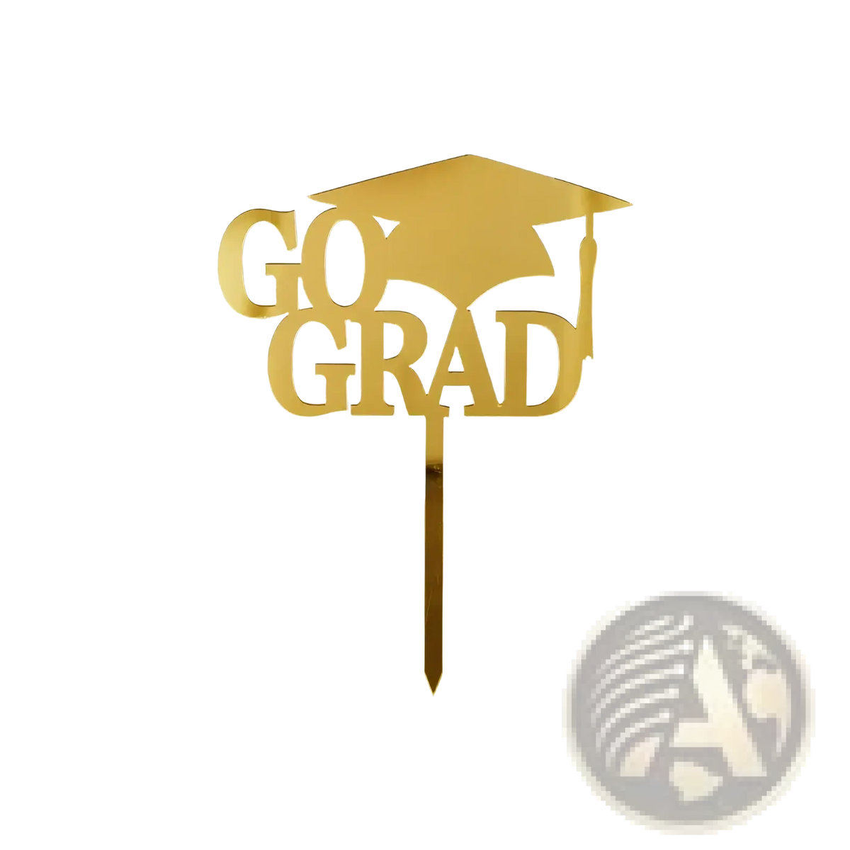 Gold acrylic graduation cake topper featuring a gold-colored graduation cap and go grad lettering for celebrations