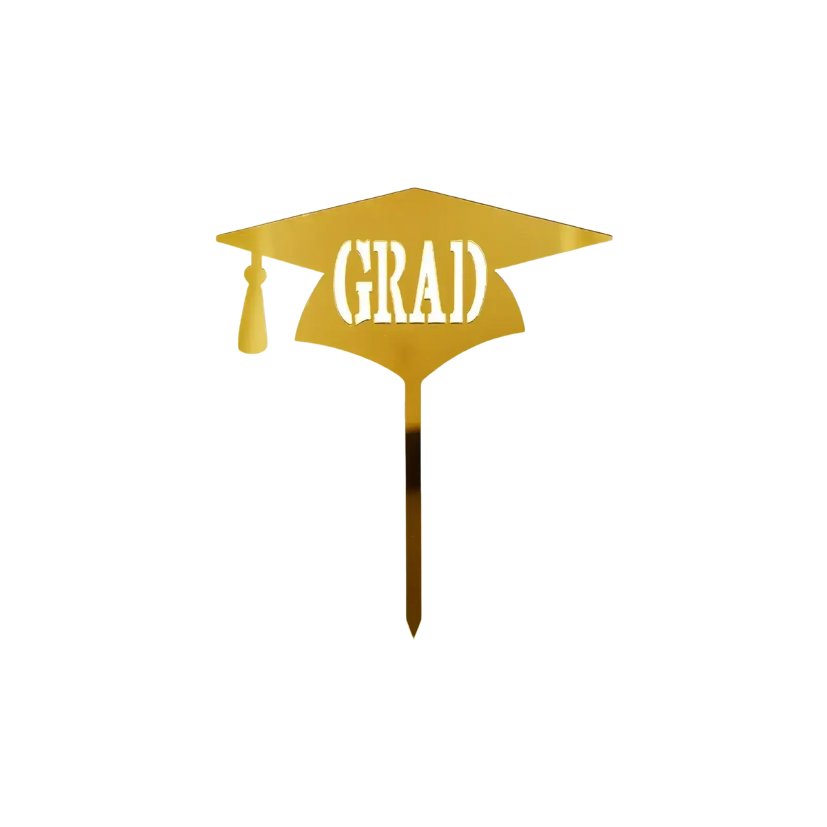 Gold acrylic graduation cake topper featuring a gold cap with white grad lettering for graduation cake decor