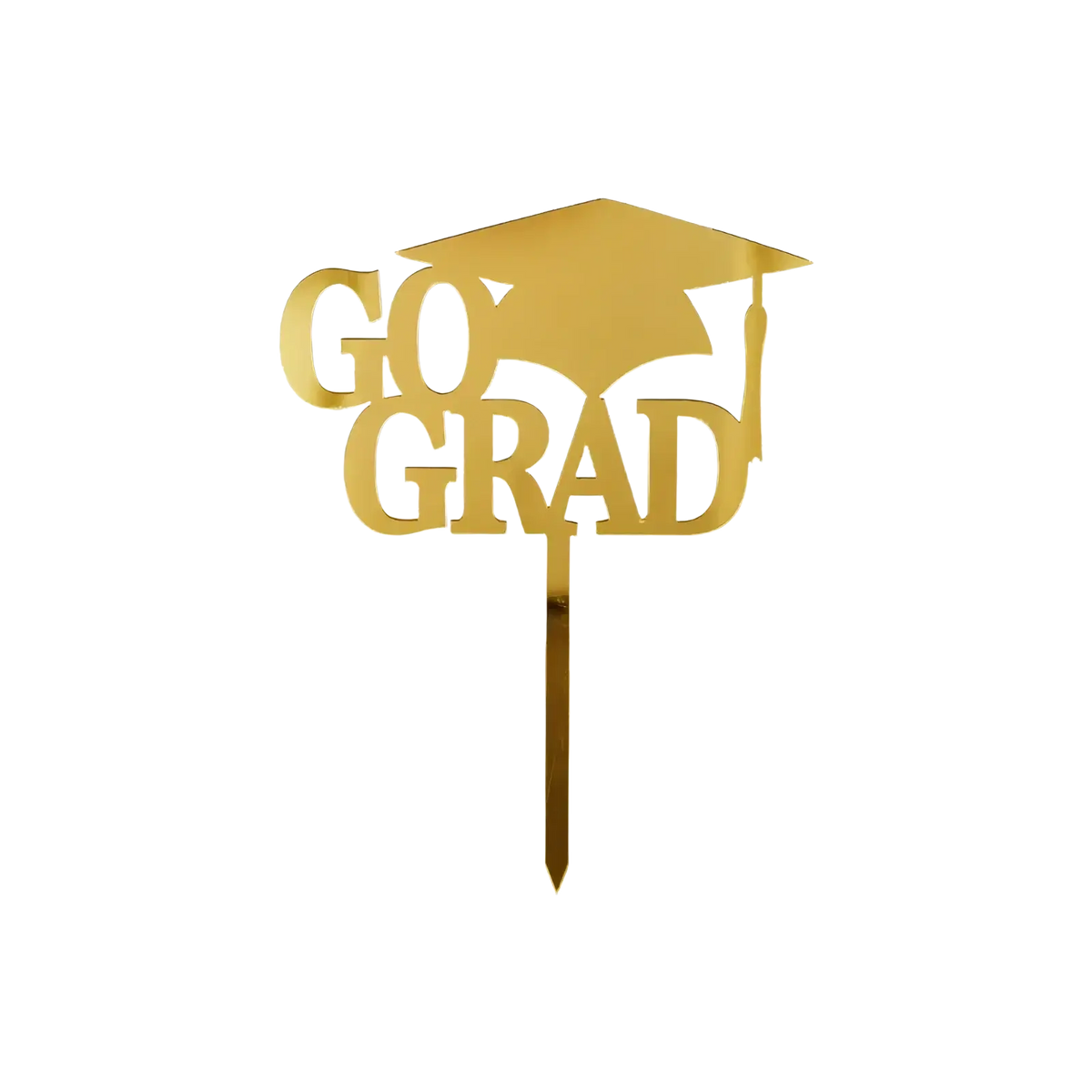 Gold acrylic graduation cake topper in gold color featuring a graduation cap and go grad lettering for celebrations