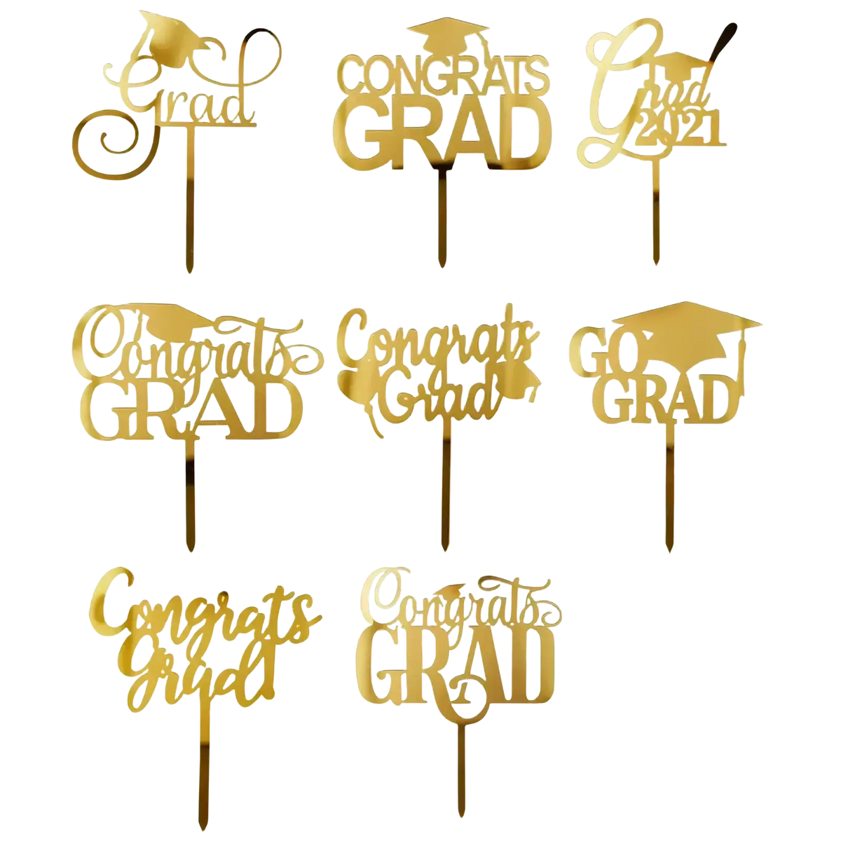 Gold acrylic graduation cake topper featuring congrats grad and graduation cap designs for graduation cake decor