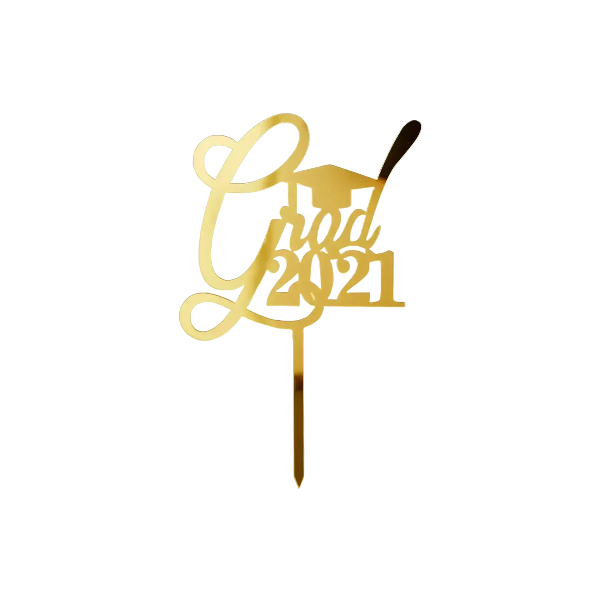 Gold acrylic graduation cake topper in gold featuring the word grad with a mortarboard for graduation cakes