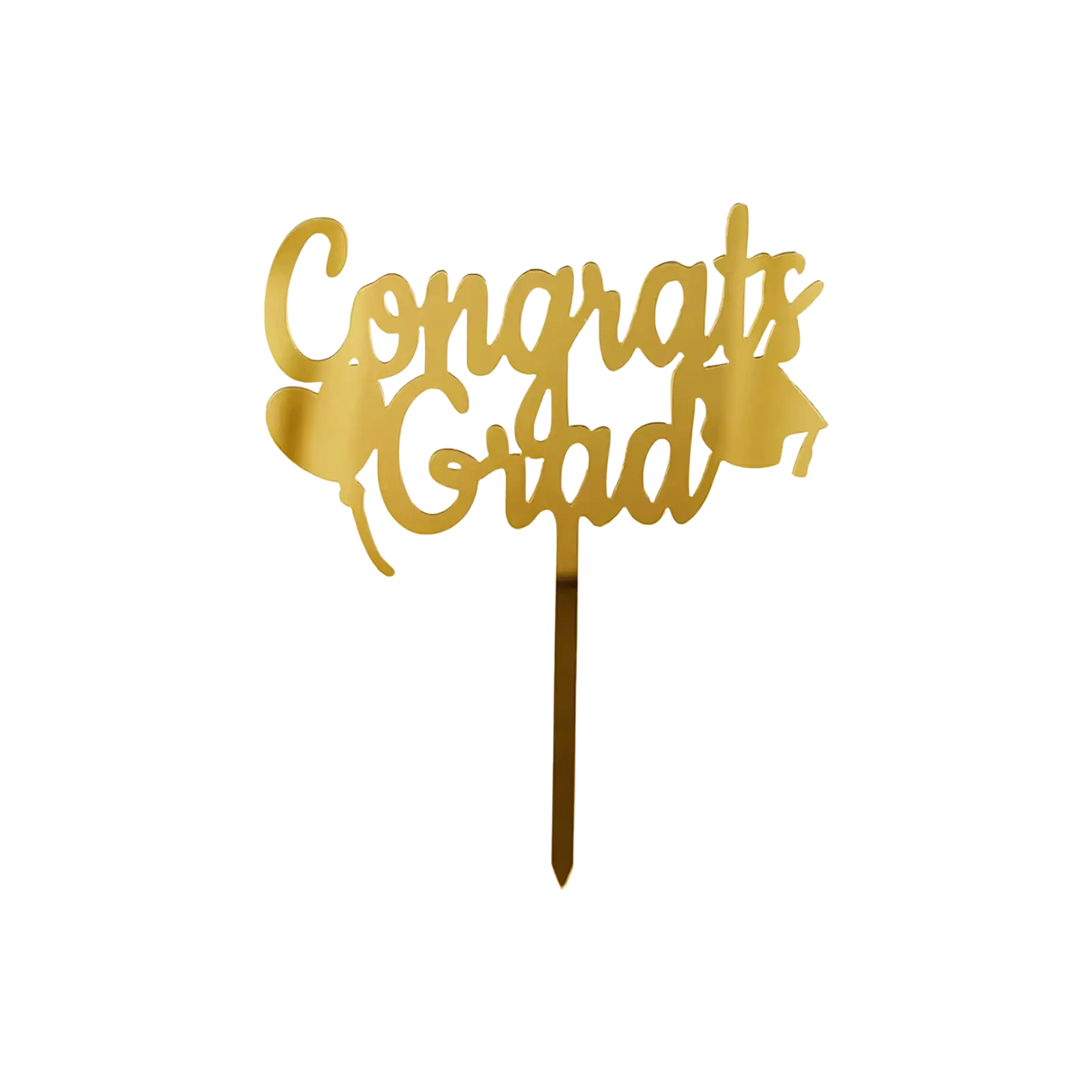 Gold acrylic graduation cake topper in gold color featuring congrats grad text and a graduation cap design