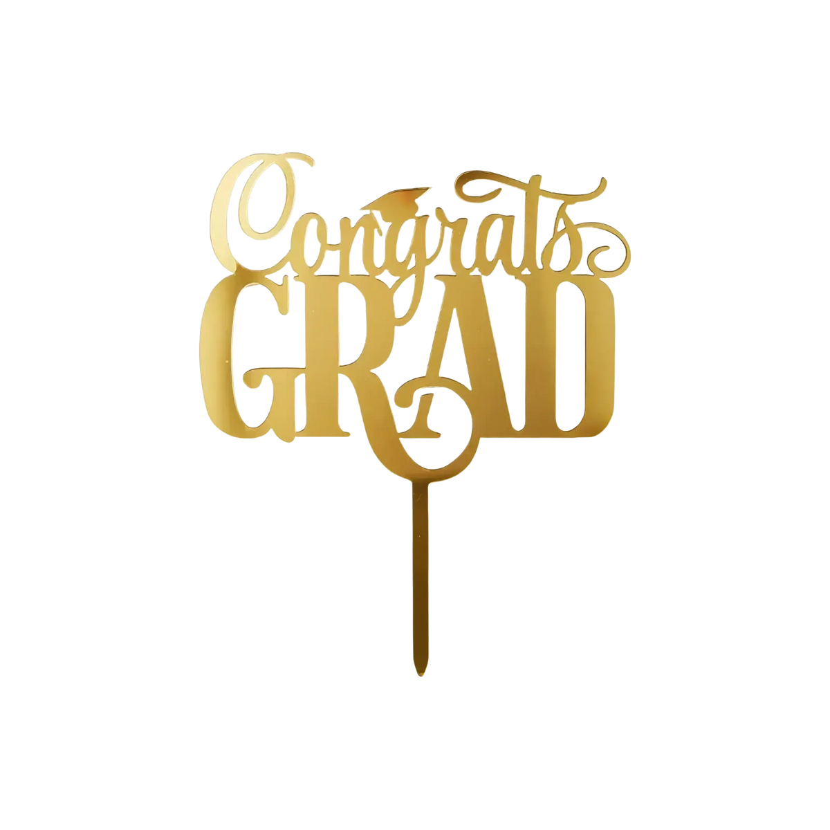 Gold acrylic graduation cake topper in gold color featuring congrats grad text and a graduation cap design