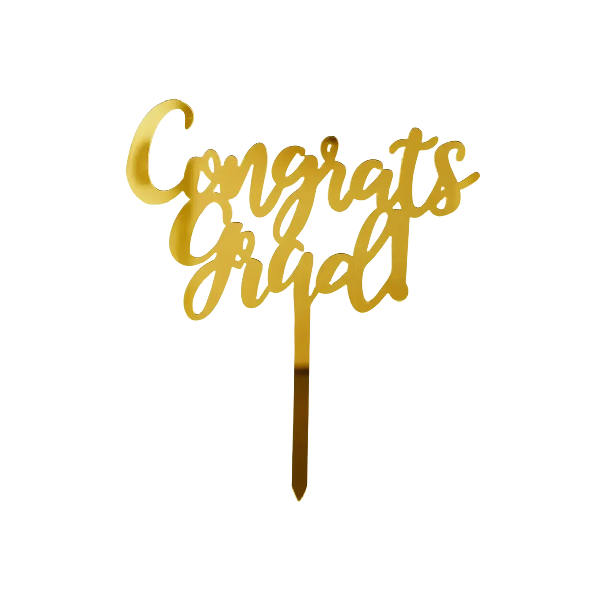 Gold acrylic graduation cake topper with sleek cursive design and thin stick for insertion into graduation cake