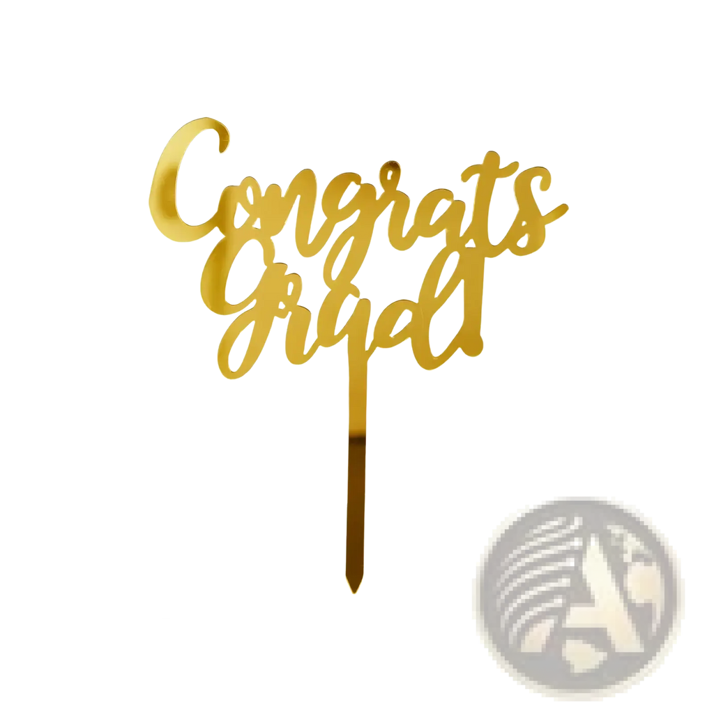 Gold acrylic graduation cake topper with gold colored cursive congrats grad design and metallic finish for cakes