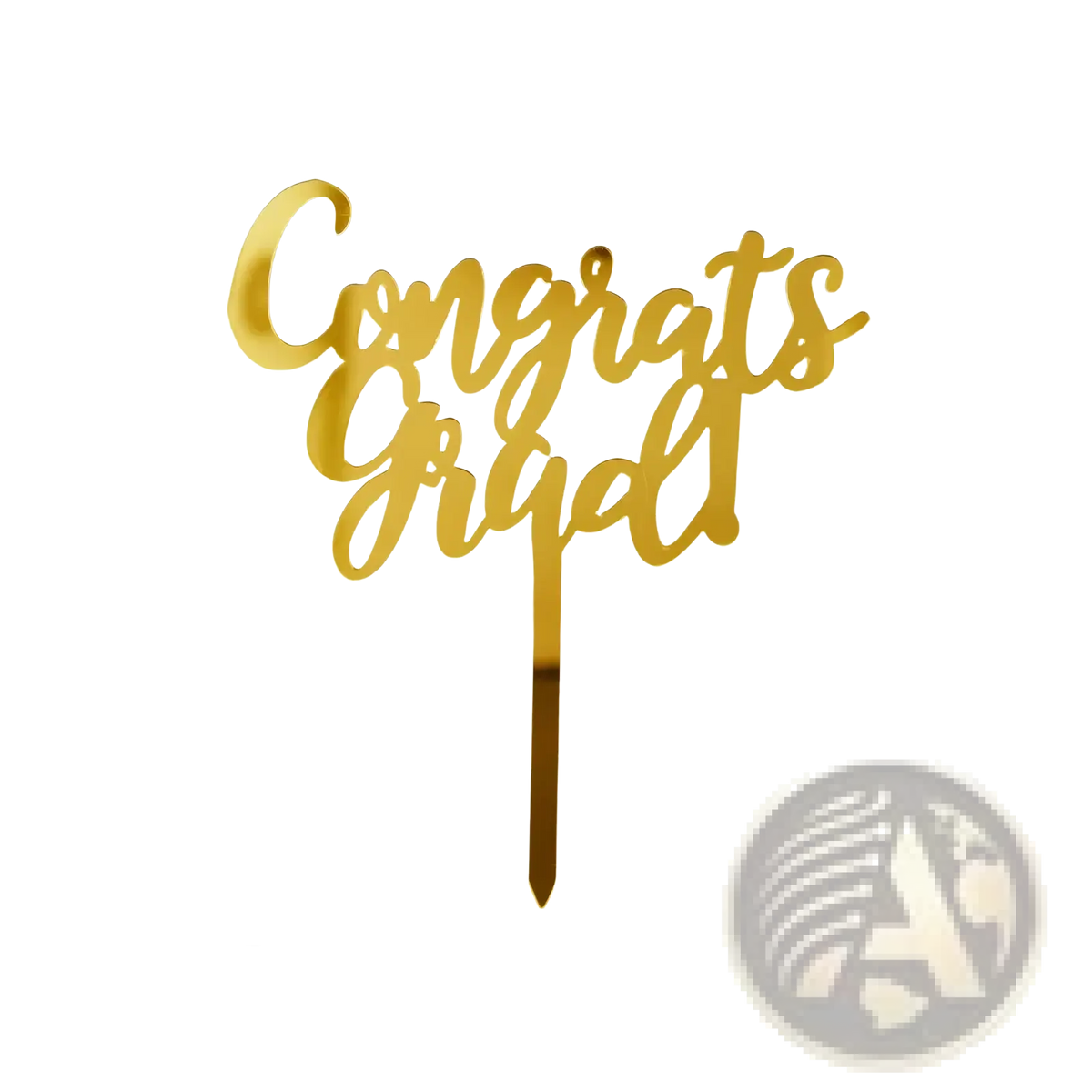 Gold acrylic graduation cake topper with gold colored cursive congrats grad design and metallic finish for cakes