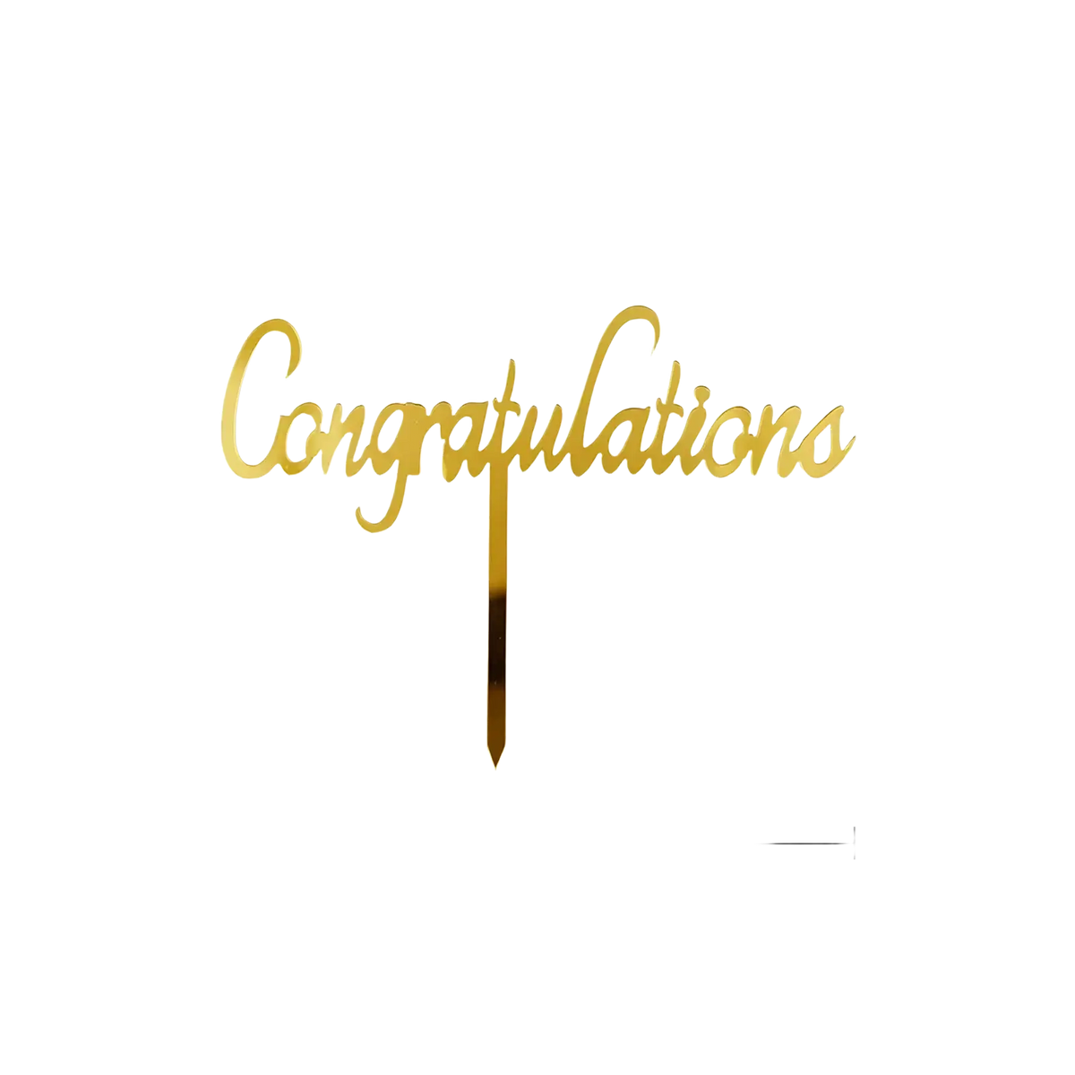 Gold acrylic graduation cake topper featuring a gold-colored cursive congratulations design with a slender stick base