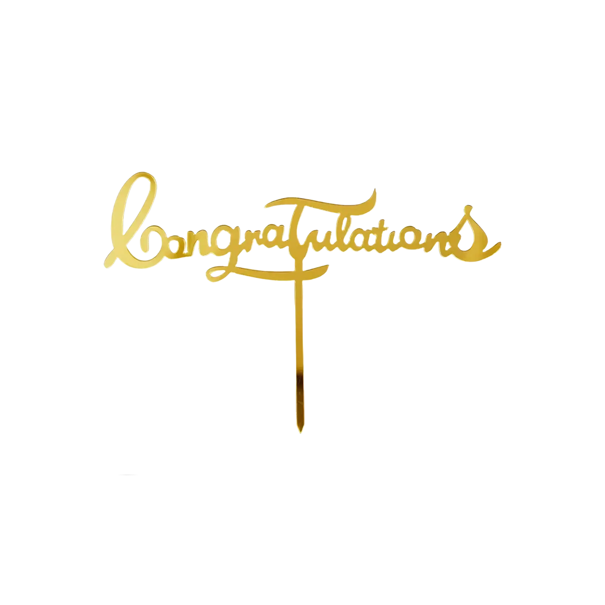 Gold acrylic graduation cake topper featuring a gold-colored cursive congratulations design with a sleek metallic finish