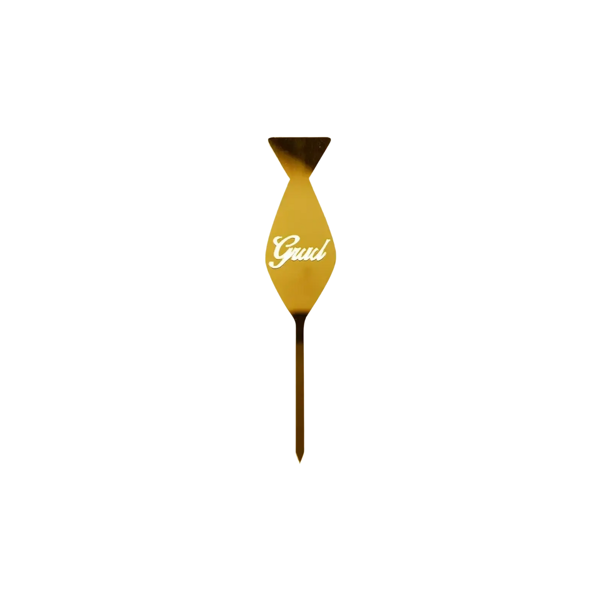 Gold acrylic graduation cake topper in metallic bow tie shape with cursive gaul engraving