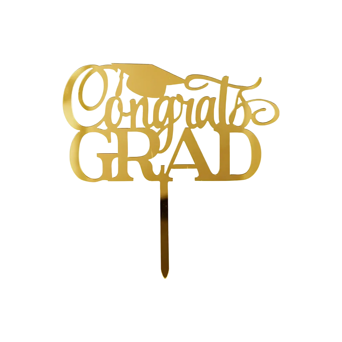 Gold acrylic graduation cake topper in metallic gold with congrats grad text and graduation cap design on attached stick