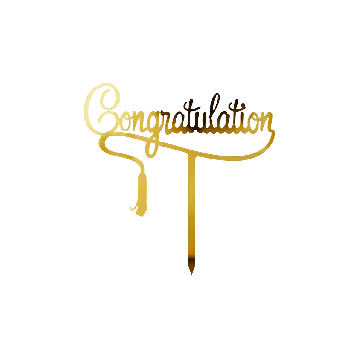 Gold acrylic graduation cake topper in metallic gold with a congratulation cake topper and graduation cap design