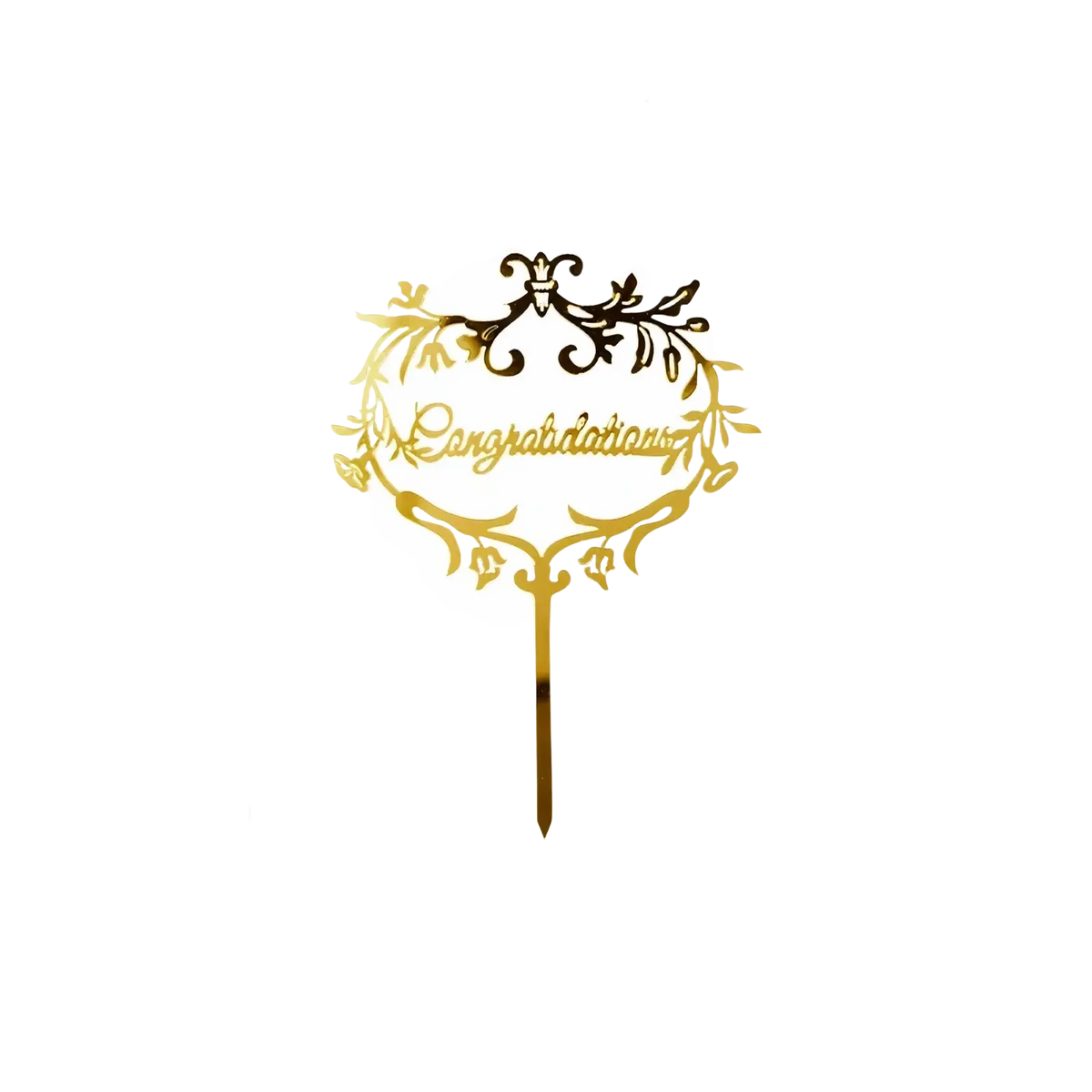 Gold acrylic graduation cake topper with ornate gold color congratulations script and decorative leafy wreath design