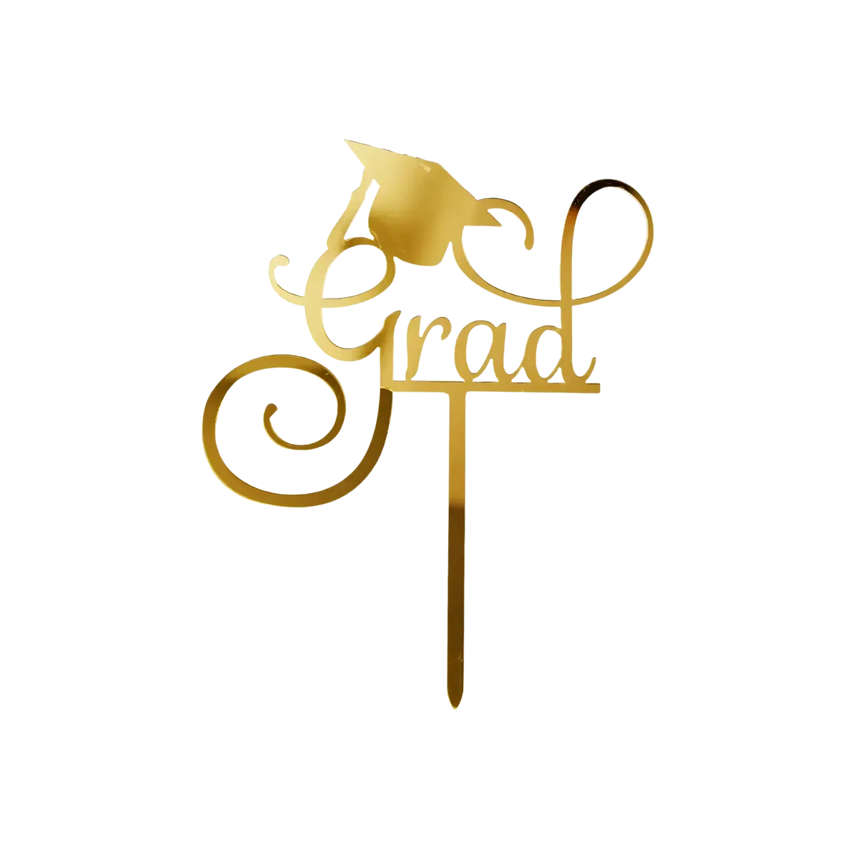 Gold acrylic graduation cake topper in gold color featuring a cap and the word grad in elegant cursive script