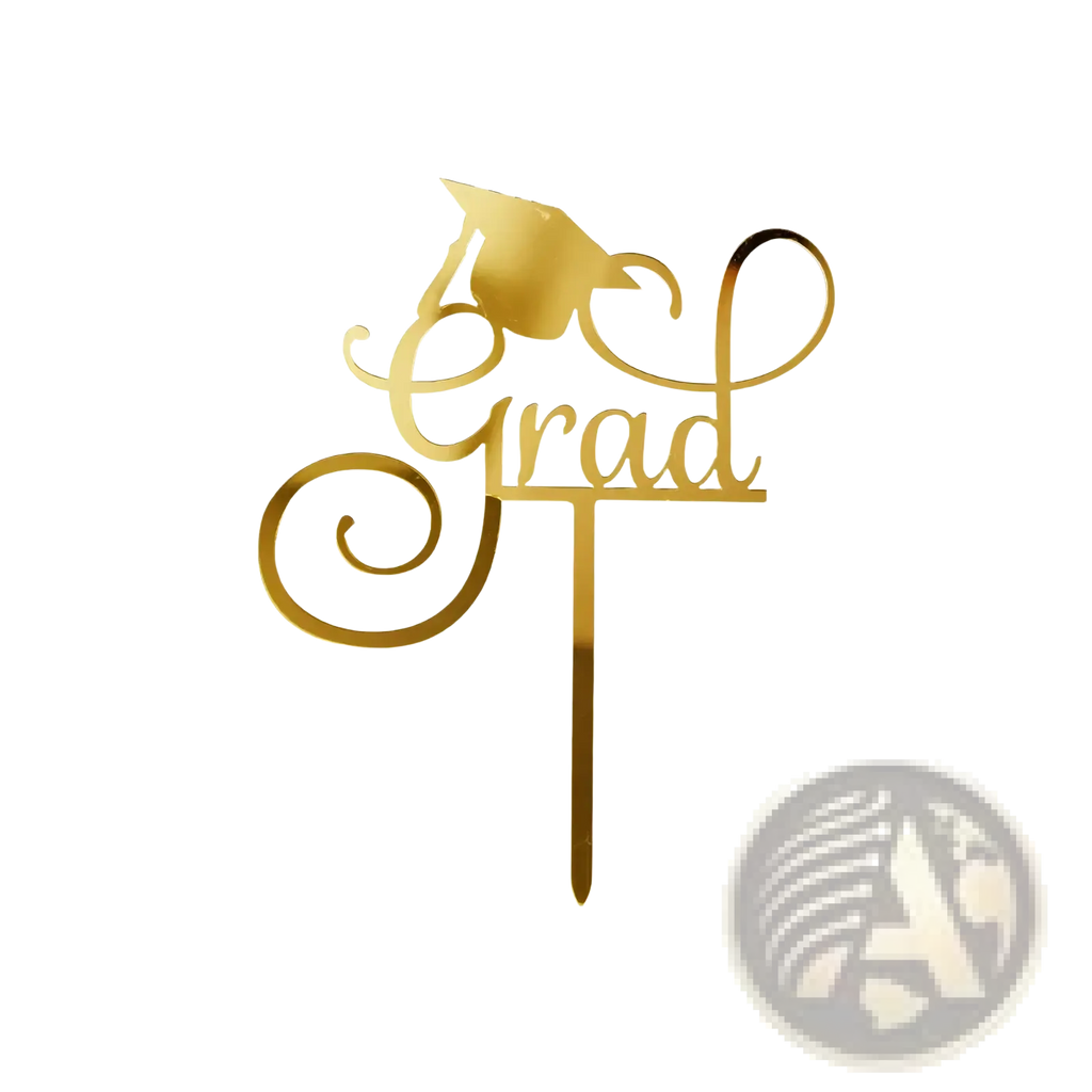 Gold acrylic graduation cake topper in gold color featuring a cap and the word grad in elegant cursive script