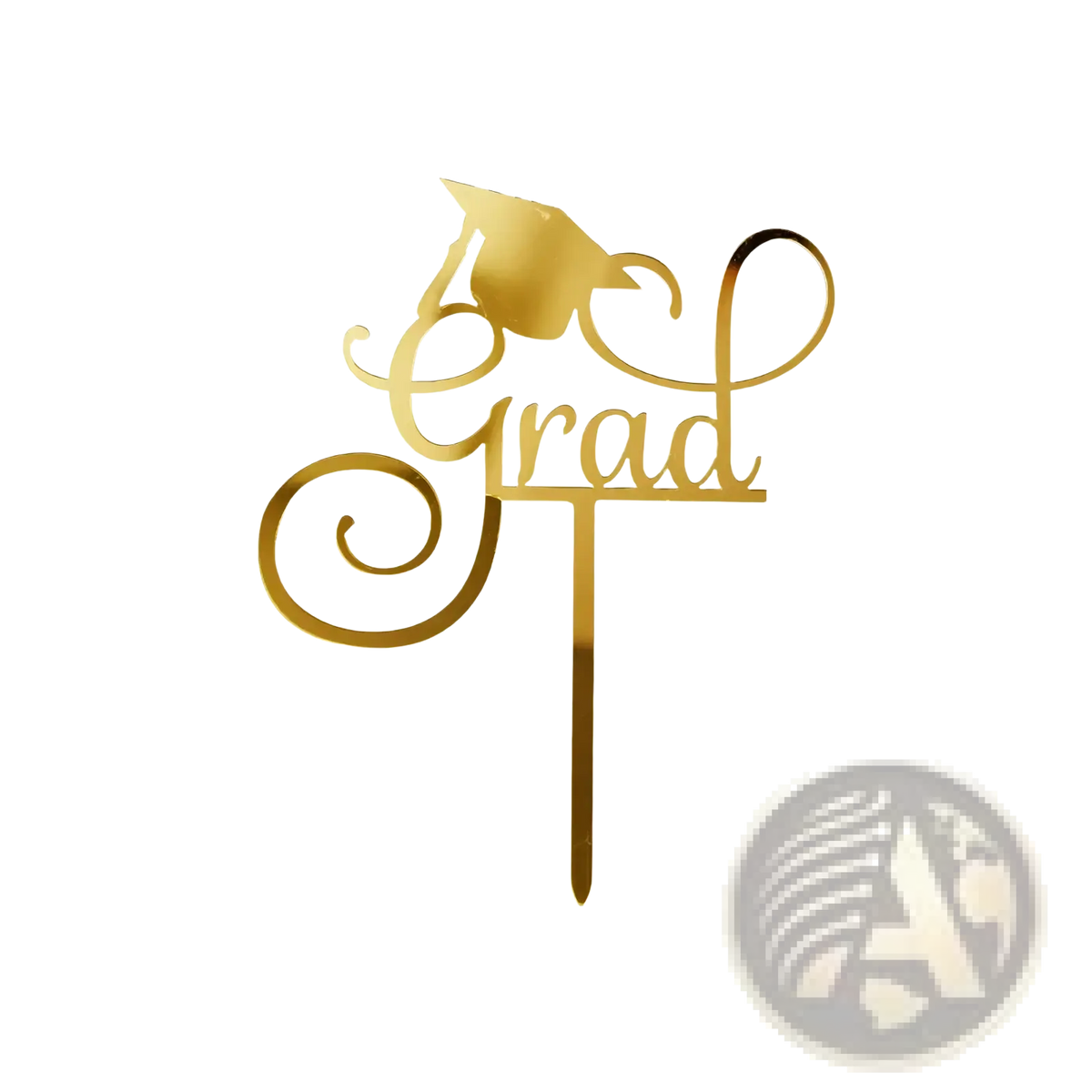 Gold acrylic graduation cake topper in gold color featuring a cap and the word grad in elegant cursive script