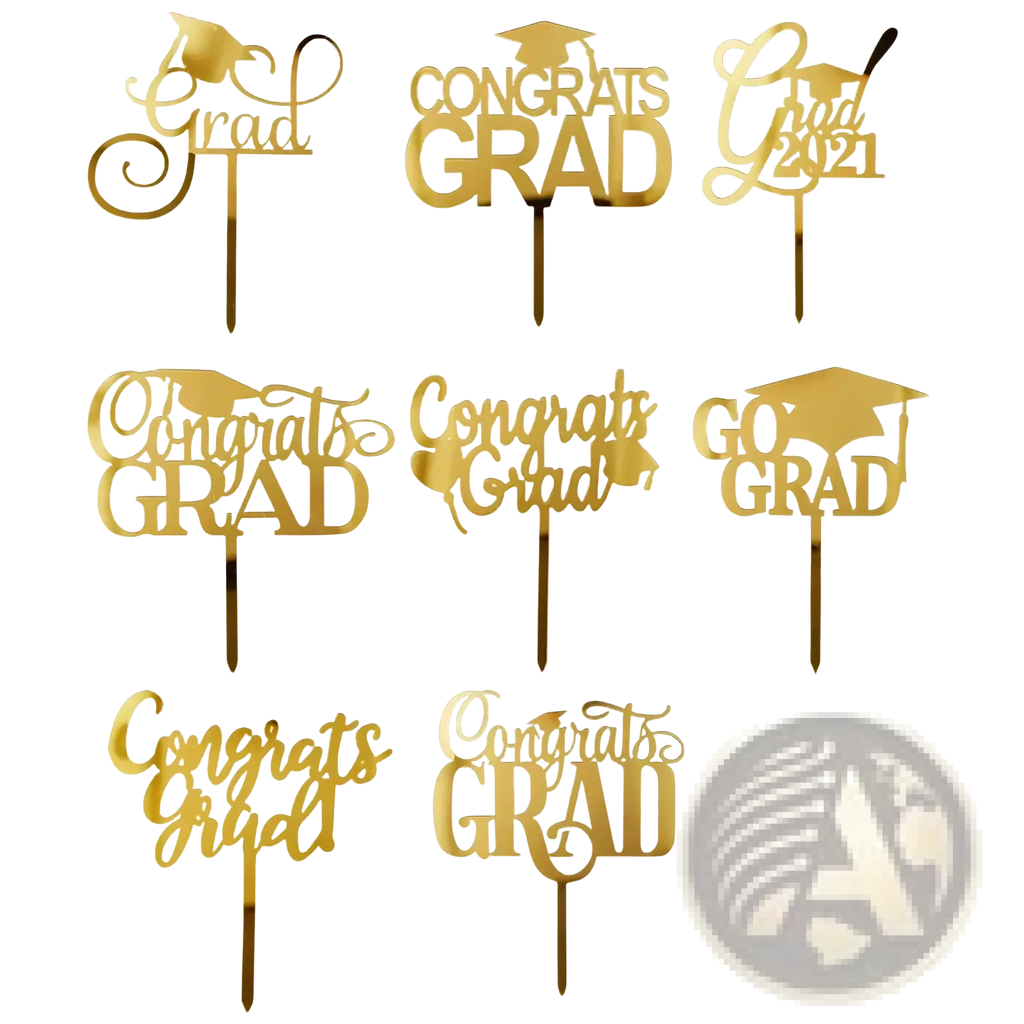 Gold acrylic graduation cake topper featuring gold-colored decorative caps and celebratory text for celebrations