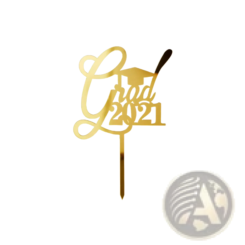 Gold acrylic graduation cake topper in gold color featuring the word grad and year 2021 with cap design