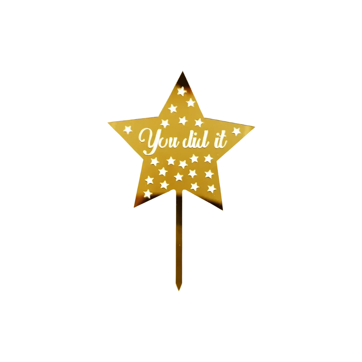 Gold acrylic graduation cake topper with star shape metallic finish and you did it inscription with small white stars