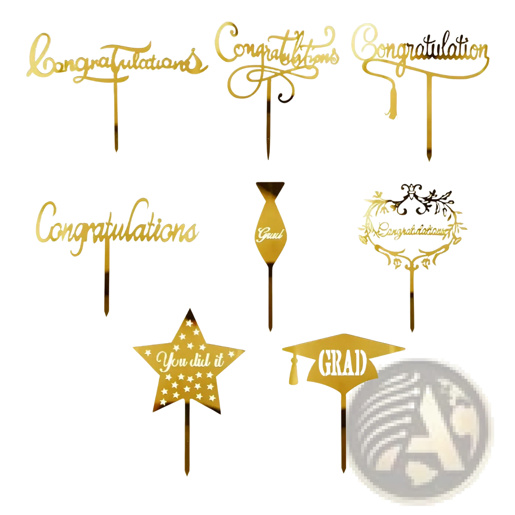 Gold acrylic graduation cake toppers featuring elegant cursive congratulations stars grad cap and celebratory designs