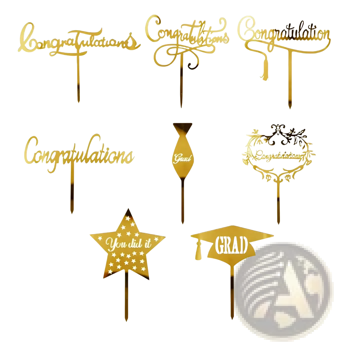 Gold acrylic graduation cake toppers featuring elegant cursive congratulations stars grad cap and celebratory designs