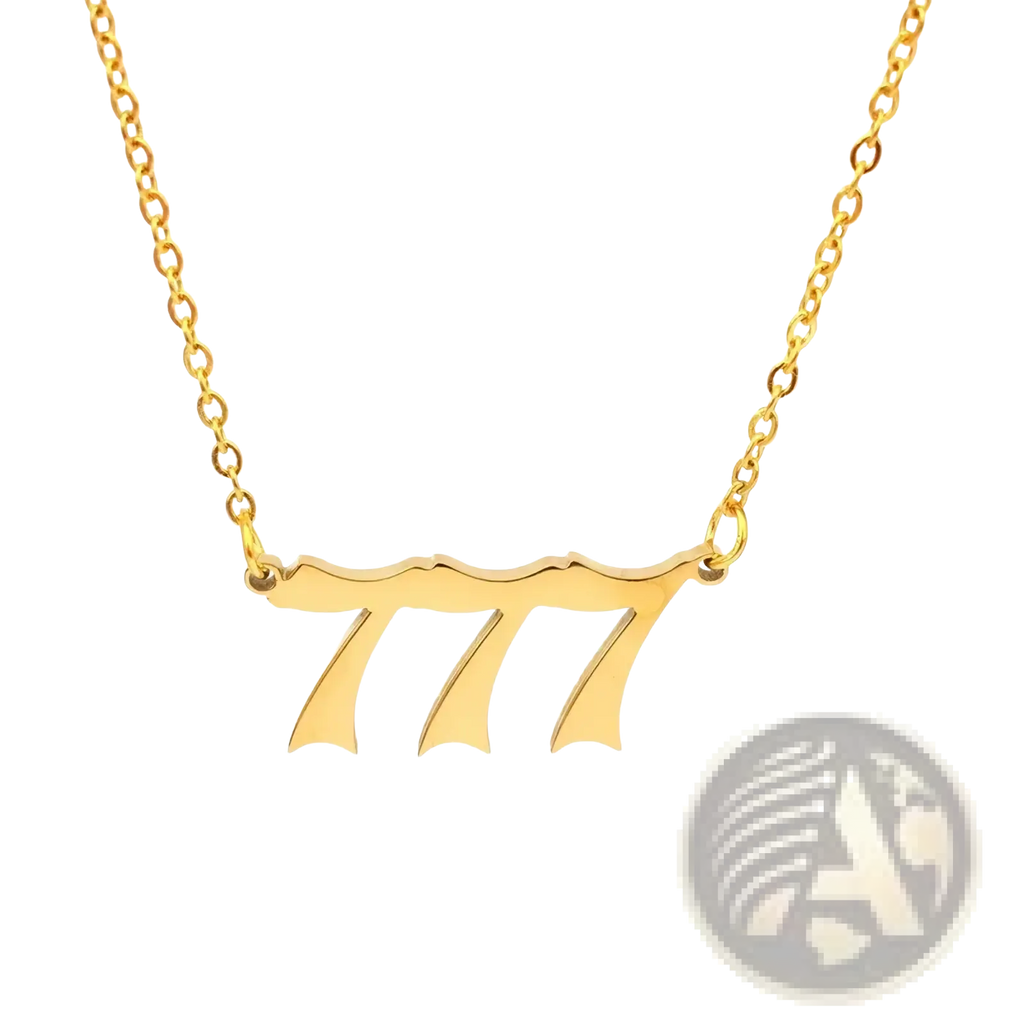 Gold angel number 7 necklace featuring a gold-colored delicate chain and a flat minimalist pendant shaped like 777