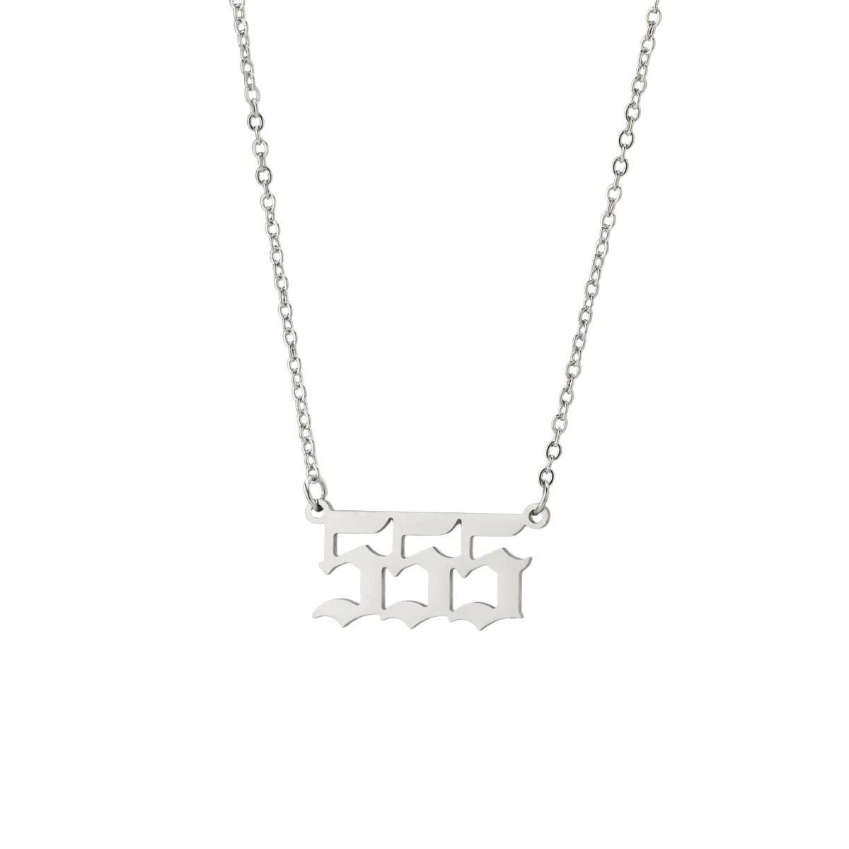 Silver necklace with chain and rectangular pendant featuring number 535 in gothic font from gold angel number 7 collection